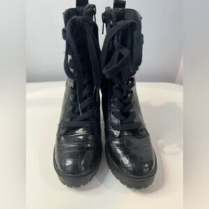 Steve Madden Lead Chunky Y2K Ankle Black Croc Zip Up Combat Bootie Boots Sz 6.5